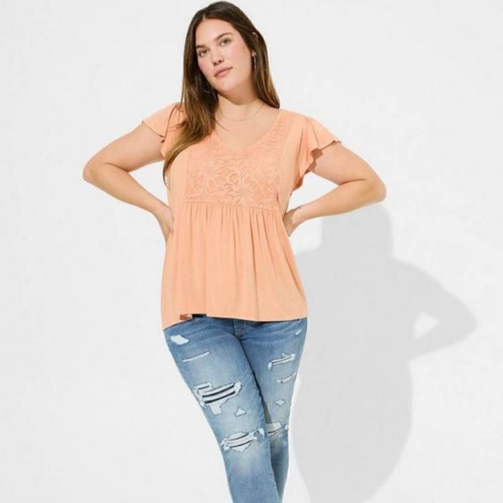 Torrid Women's Plus Size Super Soft Lace Detail Flutter Sleeve Top